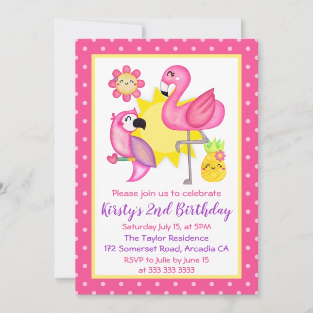 Sommer Tropical Flamingo & Parrot Geburtstag  Einladung (Vorderseite)