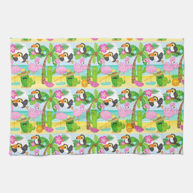 Sommer tropischen Toucan und Flamingo Muster Geschirrtuch (Horizontal)