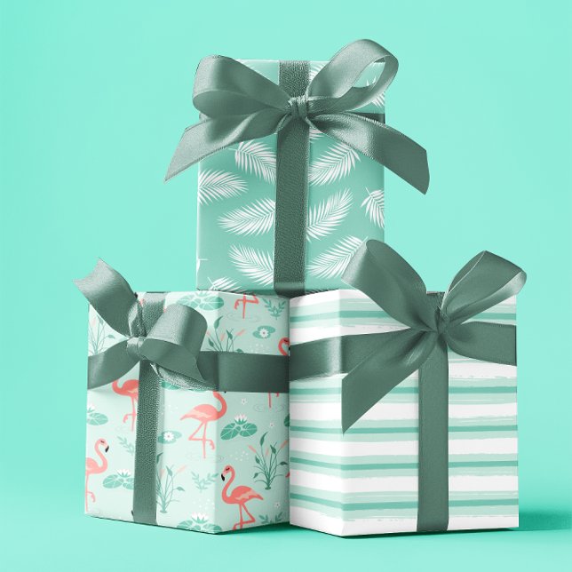 Sommer tropisches Flamingo pastellblaues Set 3 Geschenkpapier Set (Summer tropical Flamingo pastel blue set of 3 Wrapping Paper Sheet)