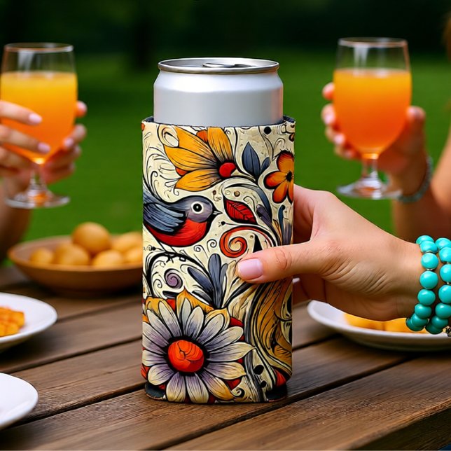 Sommer über Taube und Blumendesign Selters Dosenkühler (Boho Floral Bird Folk Art Nature Summer Seltzer Can Cooler)