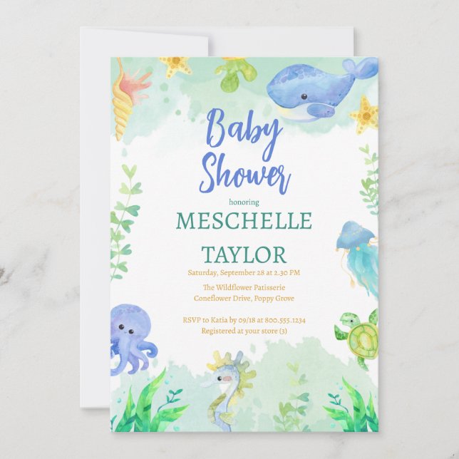 Sommer unter dem Meer Blue Green Baby Dusche Einladung (Vorderseite)