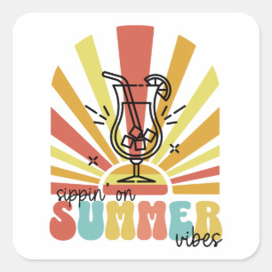 Sommer-Vibes genießen, Retro-Sonne, Cocktailglas Quadratischer Aufkleber