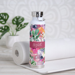Sommer-Wasserfarbe-Blumen-Monogramm-Name Trinkflasche