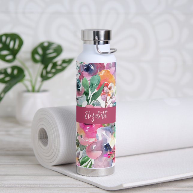Sommer-Wasserfarbe-Blumen-Monogramm-Name Trinkflasche (Yoga (gedreht))