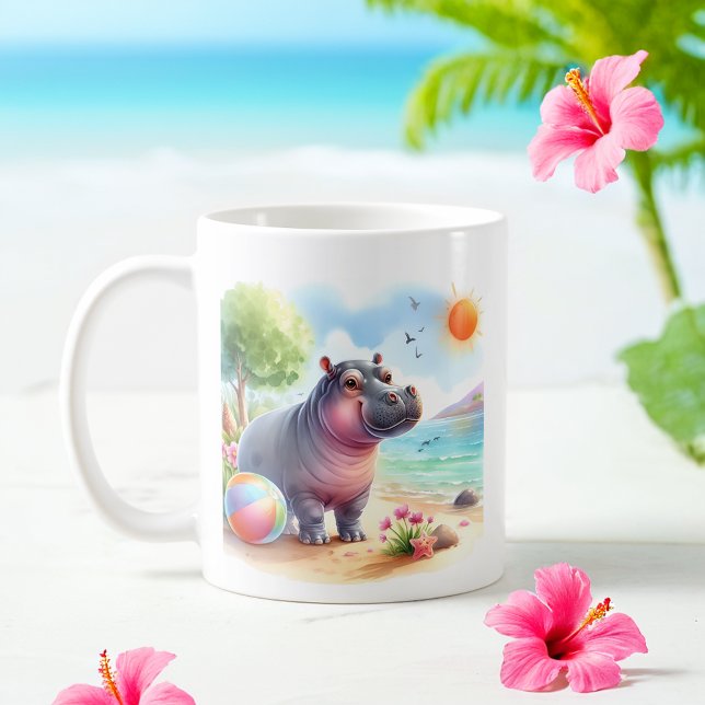 Sommer Wasserfarbe Hippopotamus am Strand Kaffeetasse (Von Creator hochgeladen)