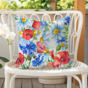 Sommer-Wasserfarben-Blumen Blau Rot Gelb Kissen