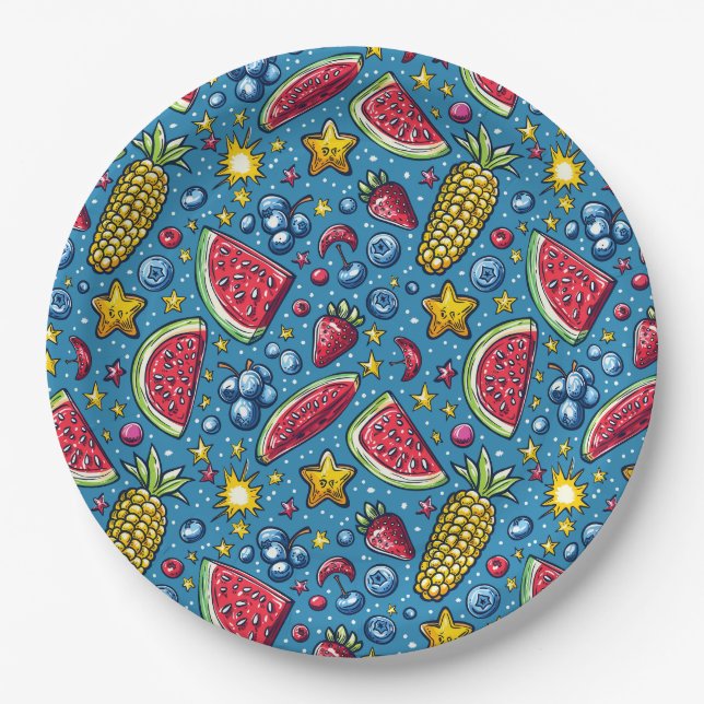 Sommer Wassermelone Mais und Obst   Pappteller (Vorderseite)
