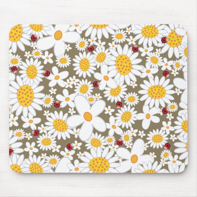Sommer-weiße Gänseblümchen und rote Marienkäfer Mousepad (Vorne)