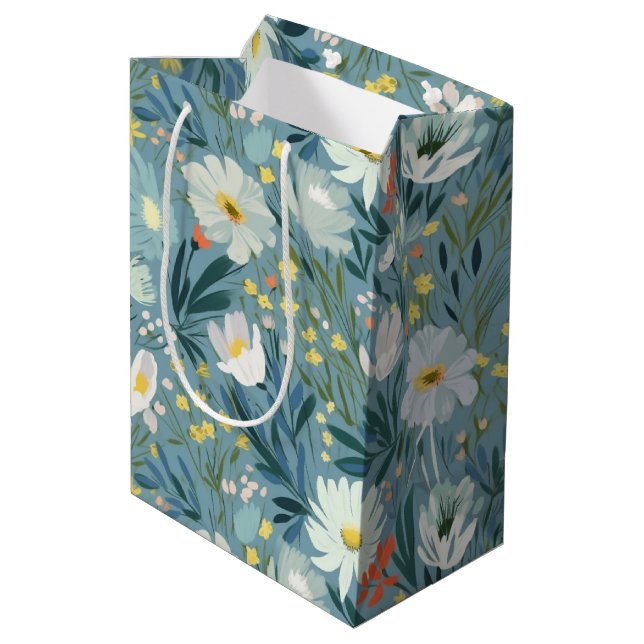 Sommer-Wildblume Wiesen-Design Mittlere Geschenktüte (Rückseite Schrägansicht)