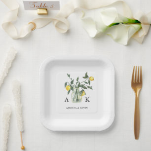 Sommer-Zitrus-Limonen-Grün-Monogramm-Hochzeit Pappteller