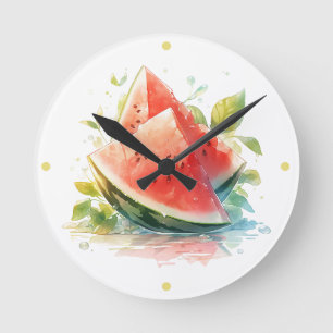 Sommerblätter mit Wasserfarbe Wassermelone Runde Wanduhr