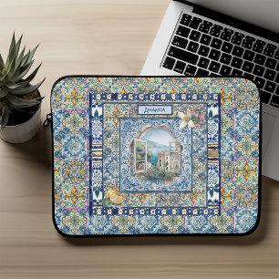 Sommerblaue italienische Majolika-Zitrus-Monogramm Laptopschutzhülle