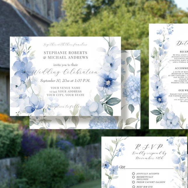 Sommerblumenblau und weiß Elegante Hochzeit Einladung (Von Creator hochgeladen)
