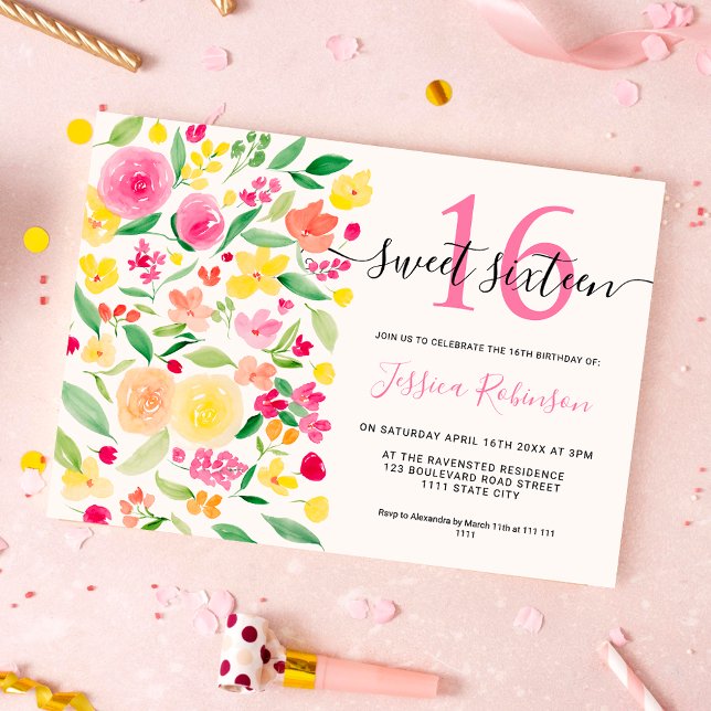 Sommerblumenfarbenes Aquarell Rosa Sweet 16 Foto Einladung (Summer floral watercolor pink Sweet 16 photo Invitation)