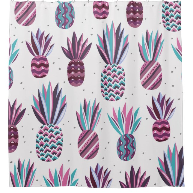 Sommercamps: Ananas Muster, farbenfrohe Punkte Duschvorhang (Vorderseite)