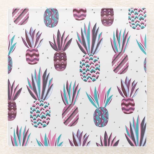 Sommercamps: Ananas Muster, farbenfrohe Punkte Glasuntersetzer (Vorderseite)