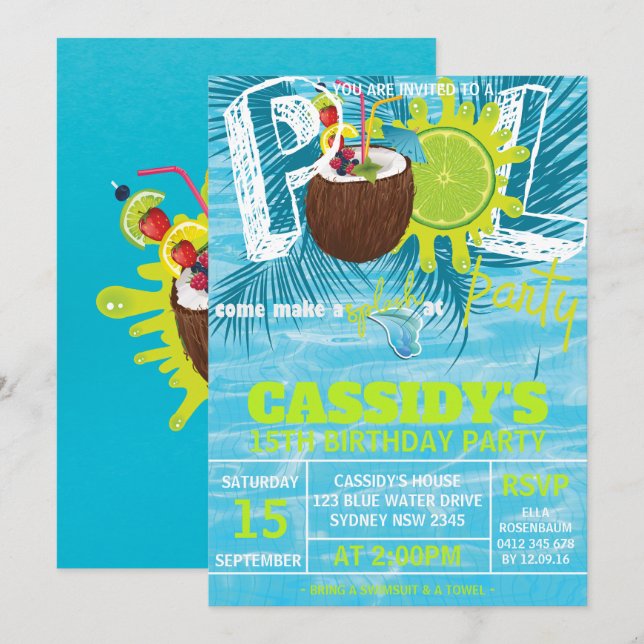 Sommercoconut Birthday Pool Party Einladung (Vorne/Hinten)