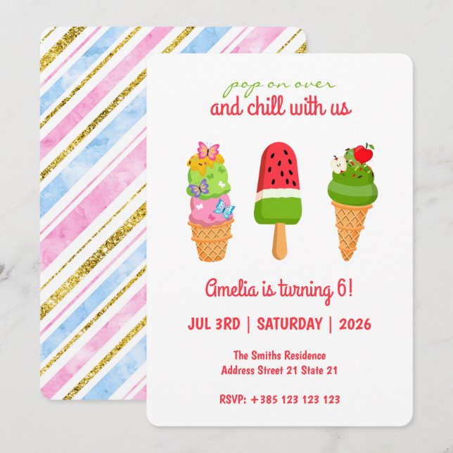 Sommereiscreme Popsicle Geburtstagseinladung Einladung (Vorne/Hinten)