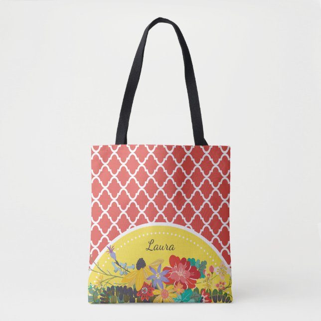 Sommerfiesta Rote Blumenquatrefolie mit Namen Tasche (Vorderseite)