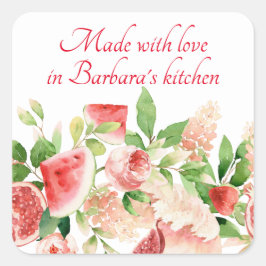 Sommerfrüchte und Blume Rosa Wasserfarbe Quadratischer Aufkleber