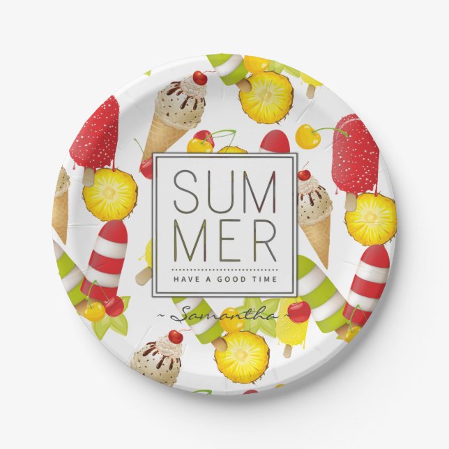 Sommerfrüchte und Eiscreme-Spaß Pappteller (Vorderseite)
