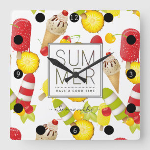 Sommerfrüchte und Eiscreme-Spaß Quadratische Wanduhr