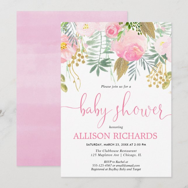 Sommerfrühlingrosa Goldmädchen Babydusche Einladung (Vorne/Hinten)