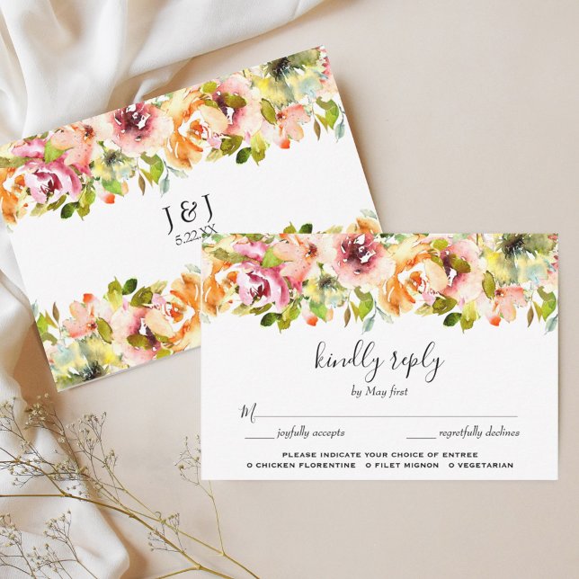 Sommergarten Wasserfarbe Hochzeitsmahl Auswahl RSVP Karte (Summer Garden Floral Meal Choice Wedding RSVP Card)
