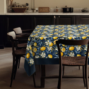 Sommergelbe Zitronen aus dem Mittelmeer, blau Tischdecke