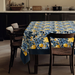 Sommergelbe Zitronen aus dem Mittelmeer, blau Tischdecke