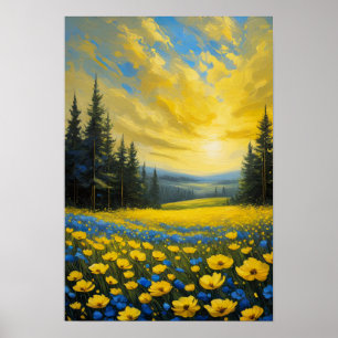 Sommerglühen, goldener Himmel über einer Wiese Poster