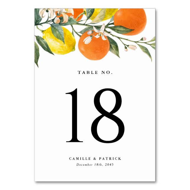 Sommerhochzeit mit botanischen Orangen und Zitrone Tischnummer (Rückseite)