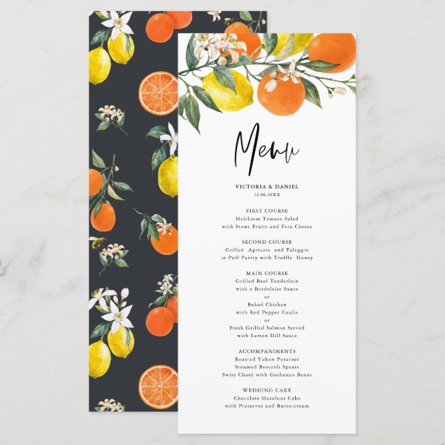 Sommerhochzeit mit botanischen Zitronen und Orange Menükarte (Vorne/Hinten)