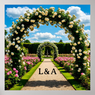 Sommerhochzeit Rosenbogen-Gartenszene Poster