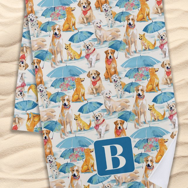 Sommerhunde Personalisiertes Monogramm Muster Strandtuch (Von Creator hochgeladen)