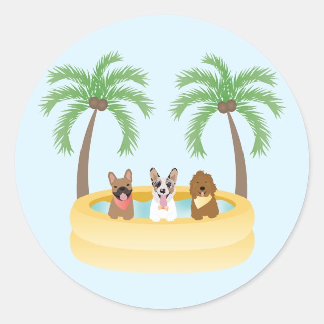 Sommerhunde Schwimmbad Runder Aufkleber (Vorderseite)