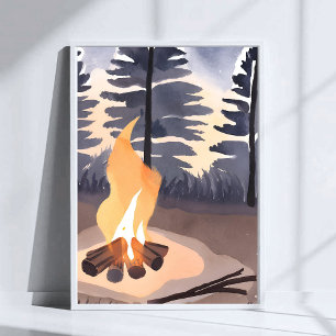 Sommerlagerfeuer   Wasserfarben-Naturlandschaft Poster