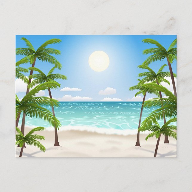 Sommerlandschaft Postkarte (A cartoon illustration of a tropical beach scene, featuring a bright blue sky with a radiant sun.)
