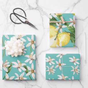 Sommerlemonen und Blütenmuster auf aquamarinen Geschenkpapier Set
