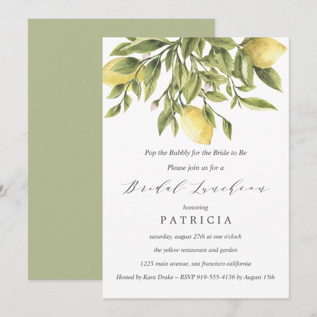 Sommerlemonen und Foliage Wedding Bridal Luncheon Einladung (Vorne/Hinten)