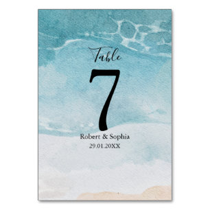 Sommerliche blaue Strandhochzeit Tischnummer