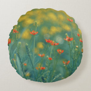 Sommerliche Blume (Blumenfeld) (Rote Blume) Rundes Kissen