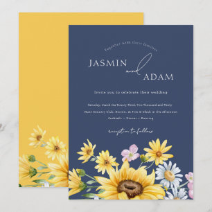 Sommerliche Hochzeit in Navy Blau mit Sonnenblumen Einladung