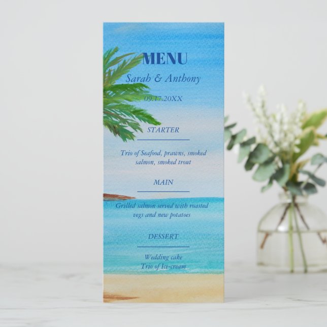 Sommerliche Hochzeitsnacht am tropischen Strand Menükarte (Stehend Vorderseite)