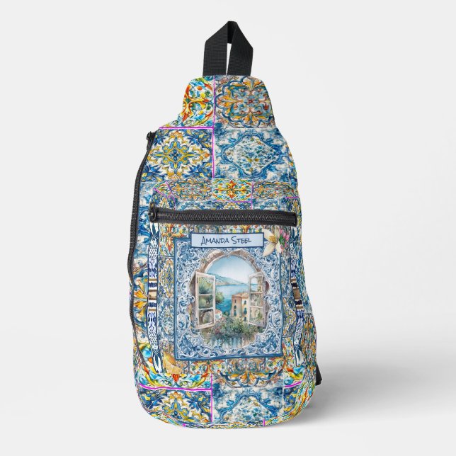 sommerliche italienische floralblaue Kacheln Zitru Crossbody Bag (Vorderseite)