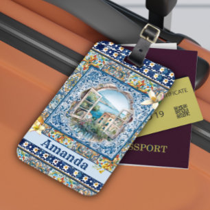 sommerliche italienische floralblaue Kacheln Zitru Gepäckanhänger
