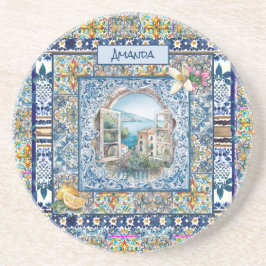 sommerliche italienische floralblaue Kacheln Zitru Getränkeuntersetzer