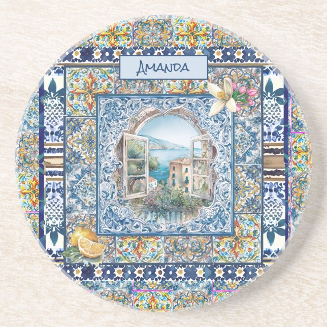 sommerliche italienische floralblaue Kacheln Zitru Getränkeuntersetzer (Vorne)