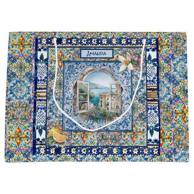 sommerliche italienische floralblaue Kacheln Zitru Große Geschenktüte (Vorderseite)