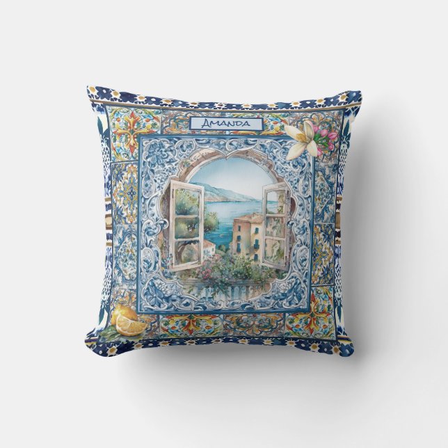 sommerliche italienische floralblaue Kacheln Zitru Kissen (Vorderseite)